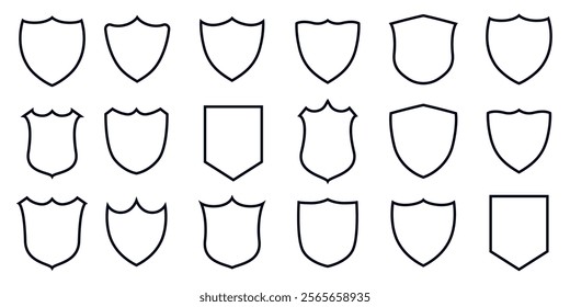 Shield icon set. Protect shield security line icons. Badge quality symbol, sign, logo or emblem. Set of vintage label and badges shape collections. Vector illustration. Black template for patch, eps10