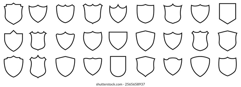 Shield icon set. Protect shield security line icons. Badge quality symbol, sign, logo or emblem. Set of vintage label and badges shape collections. Vector illustration. Black template for patch, eps10