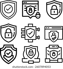 Shield icon set. Protect shield security line icons. Security simple minimal thin line icons. Related secure, privacy, protection, defense. Vector illustration.Privacy policy icon set. network system.