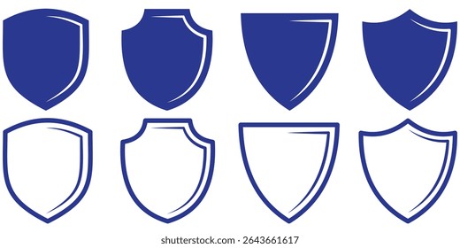 Ícone de escudo definido. Proteger linha de segurança de escudo e ícones de silhuetas. Símbolo, sinal, logótipo ou emblema de qualidade do distintivo. Emblemas pretos moldam a coleção de etiquetas para militares, polícia, futebol e outros.