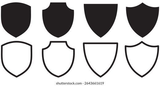 Shield icon set. Protect shield security line and silhouettes icons. Badge quality symbol, sign, logo or emblem. Black badges shape label collection for military, police, soccer and others.