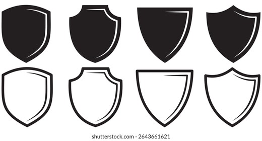 Shield icon set. Protect shield security line and silhouettes icons. Badge quality symbol, sign, logo or emblem. Black badges shape label collection for military, police, soccer and others.