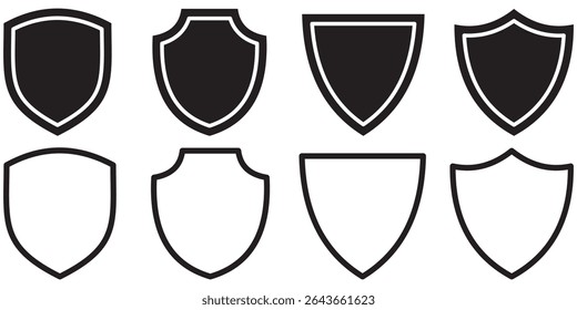 Shield icon set. Protect shield security line and silhouettes icons. Badge quality symbol, sign, logo or emblem. Black badges shape label collection for military, police, soccer and others.