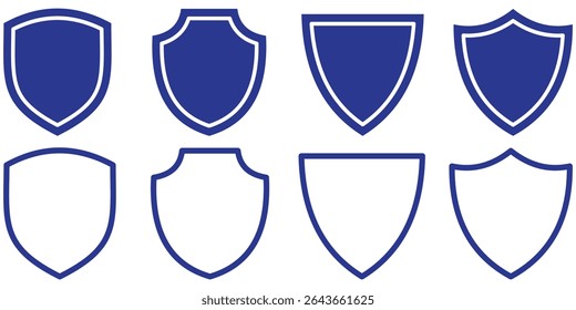 Shield icon set. Protect shield security line and silhouettes icons. Badge quality symbol, sign, logo or emblem. Black badges shape label collection for military, police, soccer and others.