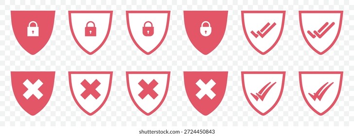 Conjunto de iconos de escudo. Proteger los iconos de la línea de seguridad del escudo. Insignia símbolo de calidad, signo, logotipo o emblema. Iconos de escudos de seguridad de cheque rojo y cruz roja. Vector Sobre Fondo Transparente. EPS 10.