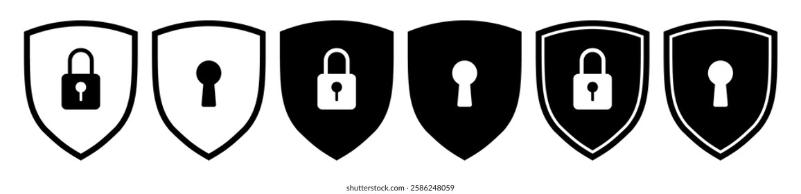 Shield icon set. Protect shield silhouette and outline with keyhole and padlock icons. security Badge quality symbol, Shields symbols or sign, logo or emblem vector isolate on white background