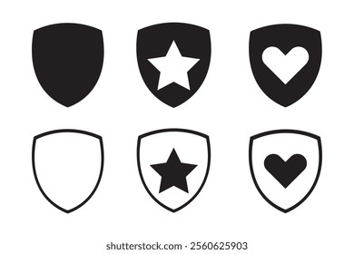 Shield icon set. Protection shield security line icons. Black knight award contours and linear signs. Shield icon silhouette isolated.