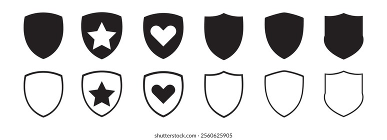 Shield icon set. Protection shield security line icons. Black knight award contours and linear signs. Shield icon silhouette isolated.