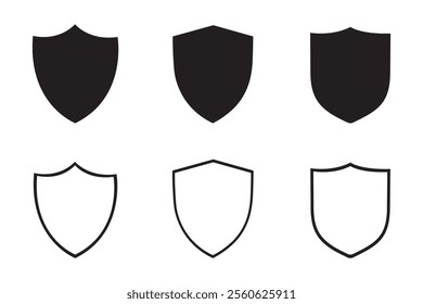 Shield icon set. Protection shield security line icons. Black knight award contours and linear signs. Shield icon silhouette isolated.