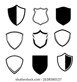 Shield icon set — protection, security, and quality badge symbols in line style for logos and emblems.