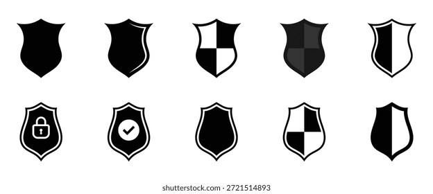 Schild-Symbolsatz, Schutz, Vektorgrafik des Sicherheitssymbols. Verschiedene Schild Formen Sammlung schwarze grafische Design-Elemente Emblem Wappen, symbolisiert Sicherheit und Genehmigung, einzeln auf weißem Hintergrund