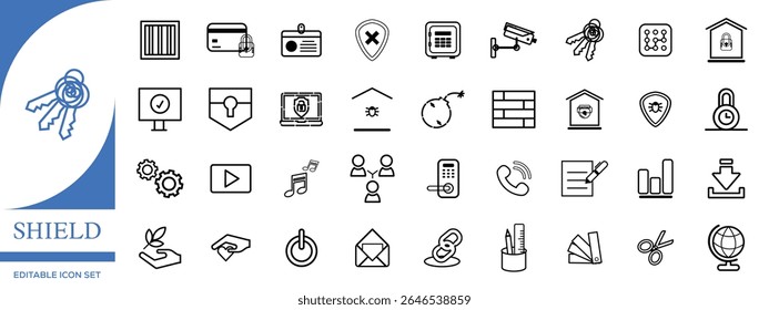 Conjunto de iconos de escudo que representa la seguridad general y la protección - Ilustración vectorial de estilo de línea minimalista