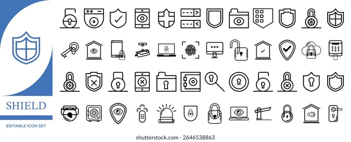 Shield Icon Set Representing General Security and Protection – Minimalist Line Style Vector Illustration