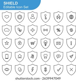 Shield Icon Set. Security, Protection, Line Style Symbol