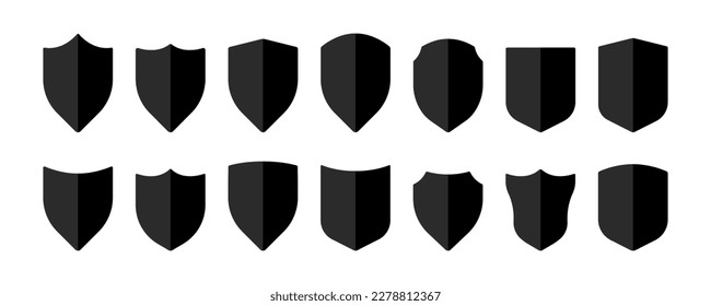 Shield icon set. Security shields logotypes. Badge quality symbol, sign, logo or emblem. Collection of shield icon vector template isolated. Black and white shield silhouette. Vector illustration