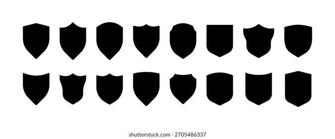 Shield icon set. Security shields logotypes. Badge quality symbol, sign, logo or emblem. Collection of shield icon vector template isolated. Black and white shield silhouette. Vector illustration