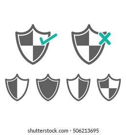 Shield icon set. Symbols of approved and rejected security shield