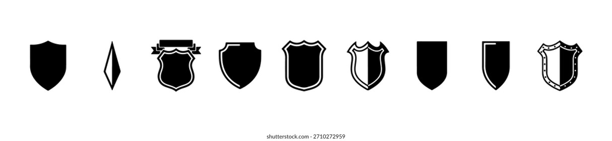 A shield icon set with varied shapes and styles, from simple to ornate. Great for emblem or branding visuals.