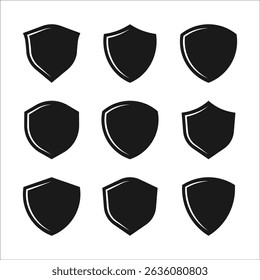 Shield icon set vector. Protection shapes. Ideal for logo, crest, badge, symbol, emblem, etc. design projects. Protective security flat icons for quality, safety, defense, and certification visuals.