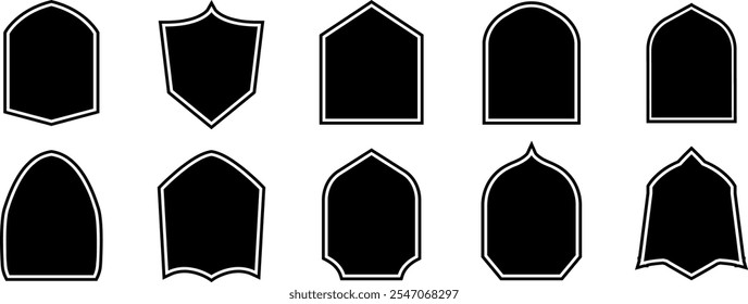  Shield icon set. Set of vintage label and badges shape collections. Badge quality symbol, sign, logo Different shields in black for your design.
