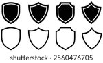 Shield icon set in vintage style. Protect shield security line icons. Badge quality symbol, sign, logo or emblem.  Black knight award contours and linear signs. Protect shapes silhouette. EPS 10. 