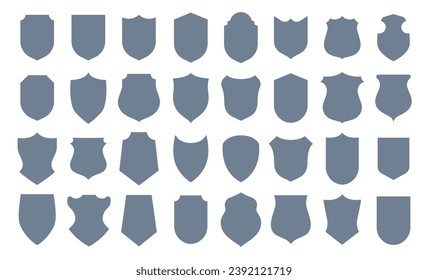 Juego de iconos Escudo en estilo vintage, escudos heráldicos, logotipo de etiquetas negras de seguridad. Premio Knight, diseño de insignias reales medievales de diseño marco aislado vector. Proteger el conjunto de formas de elementos de silueta. Vector