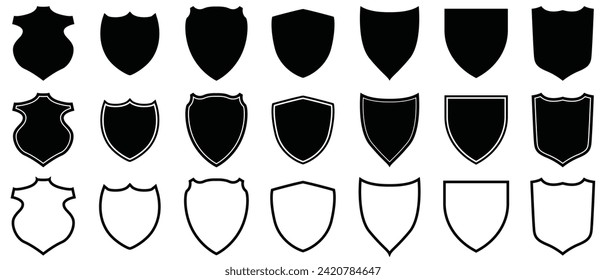 Shield icon set in vintage style. Protect shield security line icons. Badge quality symbol, sign, logo or emblem. Vector illustration