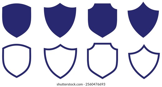 Shield icon set in vintage style. Protect shield security line icons. Badge quality symbol, sign, logo or emblem.  Black knight award contours and linear signs. Protect shapes silhouette. EPS 10. 