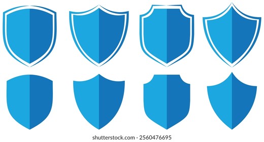 Shield icon set in vintage style. Protect shield security line icons. Badge quality symbol, sign, logo or emblem.  Black knight award contours and linear signs. Protect shapes silhouette. EPS 10. 