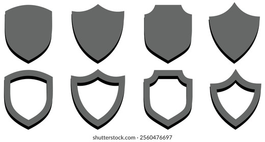 Shield icon set in vintage style. Protect shield security line icons. Badge quality symbol, sign, logo or emblem.  Black knight award contours and linear signs. Protect shapes silhouette. EPS 10. 