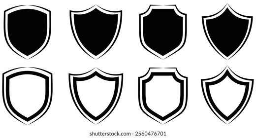 Shield icon set in vintage style. Protect shield security line icons. Badge quality symbol, sign, logo or emblem.  Black knight award contours and linear signs. Protect shapes silhouette. EPS 10. 