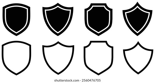 Shield icon set in vintage style. Protect shield security line icons. Badge quality symbol, sign, logo or emblem.  Black knight award contours and linear signs. Protect shapes silhouette. EPS 10. 