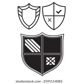 Shield icon set in vintage style. Protect shield security line icons