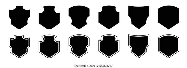 Shield icon set in vintage style. Protect shield security line icons. Badge quality symbol, sign, logo or emblem. shield signs vector template. Empty outline icons. Protection. Different shields.
