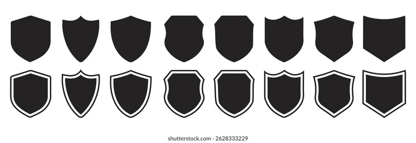 Shield icon set in vintage style. Protect shield security line icons. Badge quality symbol, sign, logo or emblem. shield signs vector template. Empty outline icons. Protection. Different shields.