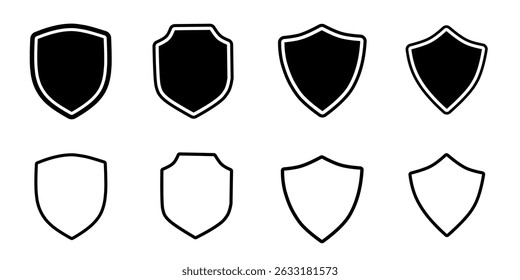 Shield icon set in vintage style. Protect shield security line icons. Badge quality symbol, sign, logo or emblem. Black knight award contours and linear signs. club logo frame.