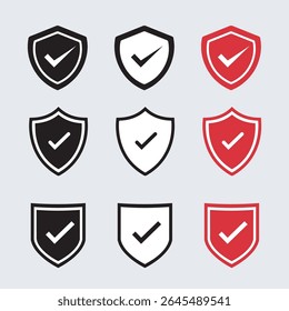 Shield icon set in vintage style. Protect shield security line icons. Badge quality symbol, sign, logo or emblem. 