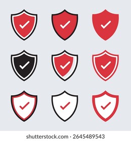 Shield icon set in vintage style. Protect shield security line icons. Badge quality symbol, sign, logo or emblem. 