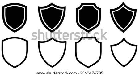 Shield icon set in vintage style. Protect shield security line icons. Badge quality symbol, sign, logo or emblem.  Black knight award contours and linear signs. Protect shapes silhouette. EPS 10. 