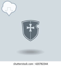 Shield icon with shadow. Cloud of download with arrow.