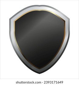 Shield icon with shiny metal frame. Black protection, security and defence symbol. Medieval design element. Vector shield icon