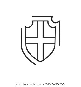 Shield icon. A simple vector representation of a classic shield with a cross, denoting protection, defense, and security. Ideal for use in branding, historical references. Vector illustration