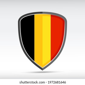 Shield icon with state flag of Belgium country on gray bacground. Vector illustration.