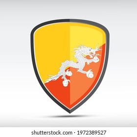 Shield icon with state flag of Bhutan country on gray bacground. Vector illustration.