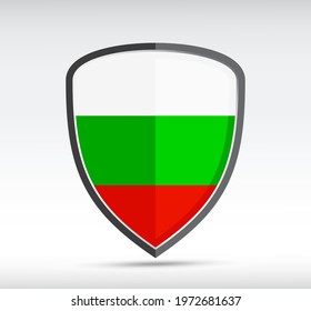 Shield icon with state flag of Bulgaria country on gray bacground. Vector illustration.