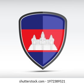 Shield icon with state flag of Cambodia country on gray bacground. Vector illustration.