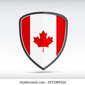 Shield icon with state flag of Canada country on gray bacground. Vector illustration.