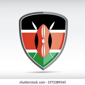 Shield icon with state flag of Kenya country on gray bacground. Vector illustration.