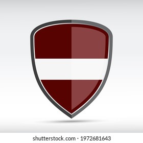 Shield icon with state flag of Latvia country on gray bacground. Vector illustration.