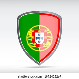 Shield icon with state flag of Portugal country on gray bacground. Vector illustration.